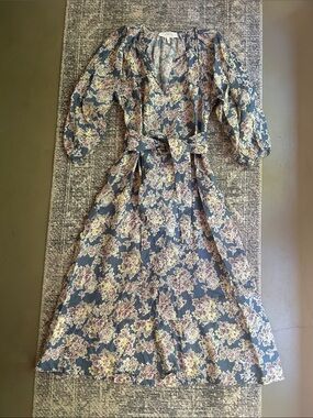 The Great Long Floral Peasant Dress 2 M Blue Belt Slip Ramie Lavender Yellow